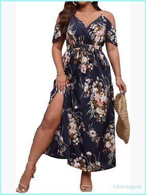 Plus Size Cold Shoulder Short Sleeve Split Thigh Maxi Dress